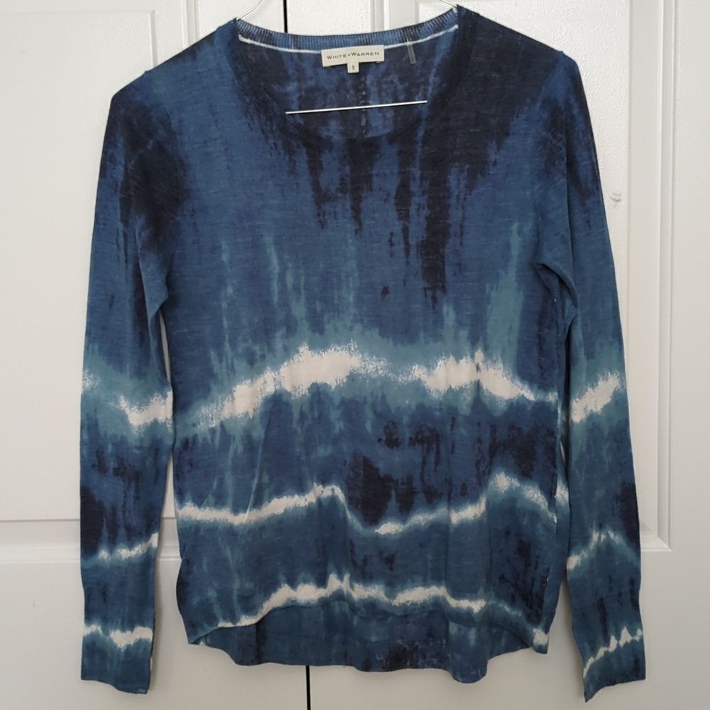 WHITE+WARREN blue and white tie dye cotton sweater S